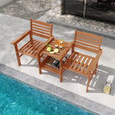 Outdoor Patio Wood 2-Seat Conversation Set with Coffee Table and Umbrella Hole