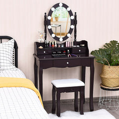 Oval Mirror Vanity Set with 10 LED Dimmable Bulbs and 3 Drawers