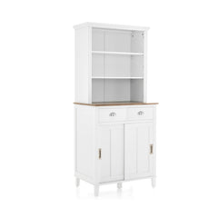 Freestanding Kitchen Pantry with Hutch Sliding Door and Drawer
