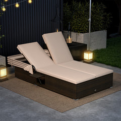 Patio Double Chaise Lounge with Shade Cushions and Folding Side Trays