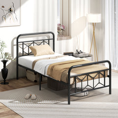 Platform Bed with High Headboard and Snap Lock Metal Slats