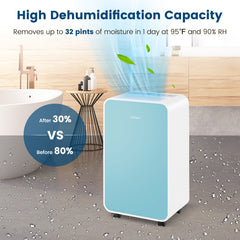 32 Pints/Day Portable Quiet Dehumidifier for Rooms up to 2500 Sq. Ft