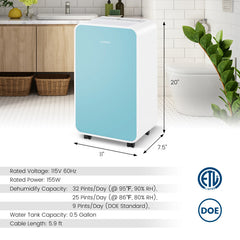 32 Pints/Day Portable Quiet Dehumidifier for Rooms up to 2500 Sq. Ft