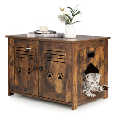 Cat Litter Box Enclosure with Double Louvered Doors and Side Entrance