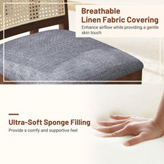 Rattan Dining Chair Set of 2 with Rubber Wood Frame and Linen Fabric Padded Seat