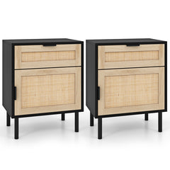 Rattan Nightstand Set of 2 with Drawer and Cabinet