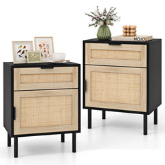 Rattan Nightstand Set of 2 with Drawer and Cabinet