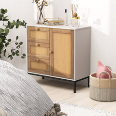 Rattan Sideboard Buffet Cabinet with 1 Door and 3 Drawers