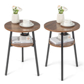 2-Tier Round End Table Set of 2 with Open Shelf and Triangular Metal Frame