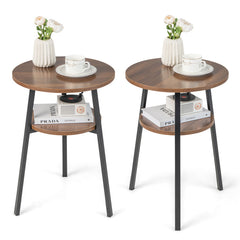 2-Tier Round End Table Set of 2 with Open Shelf and Triangular Metal Frame
