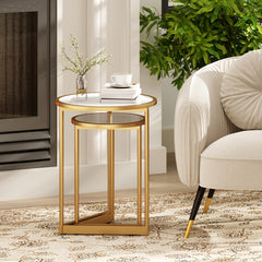 Round Nesting Table Set of 2 with Marble-like Tabletop for Living Room