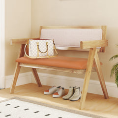 Rubber Wood Dining Bench with Armrest Sherpa Upholstered Backrest and Soft-padded Seat