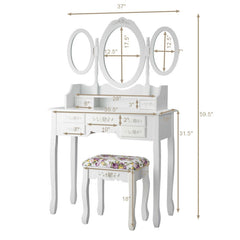 Vanity Set with Tri-Folding Mirror and Cushioned Stool