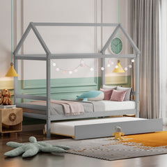 Kids Platform Bed Frame with Roof for Bedroom