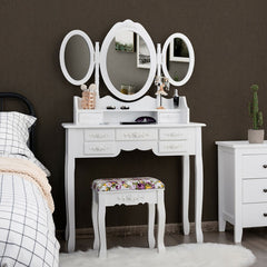 Vanity Set with Tri-Folding Mirror and Cushioned Stool