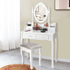 Vanity Table Set with Oval Mirror and 4 Drawers and Cushioned Stool
