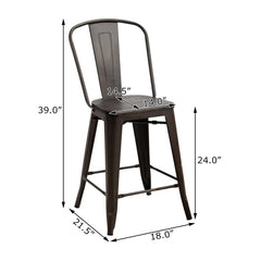 24 Inch Set of 4 Industrial Metal Counter Stool Dining Chairs with Removable Backrests
