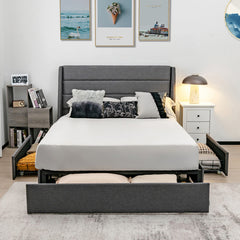 Full/Queen Size Upholstered Platform Bed Frame with 3 Storage Drawers