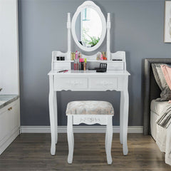 Vanity Table Set with Oval Mirror and 4 Drawers and Cushioned Stool