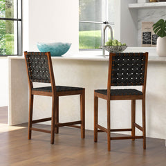 Woven Bar Stools Set of 2 with Faux PU Leather Straps