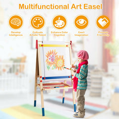 All-in-One Wooden Height Adjustable Kid's Art Easel with Magnetic Stickers and Paper
