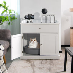 Wooden Cat Litter Box Enclosure with Drawer Side Table Furniture