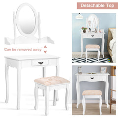 Wooden Vanity Table Set with Oval Mirror and Cushioned Stool