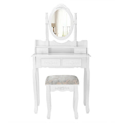 Vanity Table Set with Oval Mirror and 4 Drawers and Cushioned Stool