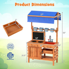 Wooden Pretend Play Kitchen with Height Adjustable Canopy for Kids