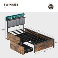 Twin/Full/Queen Bed Frame with LED Lights, Upholstered Headboard and 4 Storage Drawers