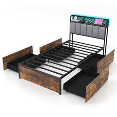 Twin/Full/Queen Bed Frame with LED Lights, Upholstered Headboard and 4 Storage Drawers