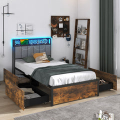 Twin/Full/Queen Bed Frame with LED Lights, Upholstered Headboard and 4 Storage Drawers