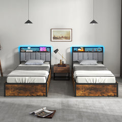 Twin/Full/Queen Bed Frame with LED Lights, Upholstered Headboard and 4 Storage Drawers