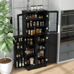 Tall Kitchen Pantry Cabinet with Dual Tempered Glass Doors and Shelves