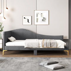 Full/Twin Size Rivet-Tufted Platform Bed with Metal Legs and Wood Slats