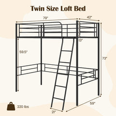 Twin Metal Loft Bed Frame with Ladder and Metal Slats Support