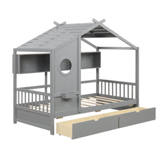 Twin Size House Bed with 2 Storage Drawers and Fence Guardrails
