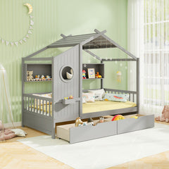 Twin Size House Bed with 2 Storage Drawers and Fence Guardrails