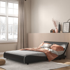 Upholstered Platform Bed Frame Low Profile Faux Leather with Curved Headboard
