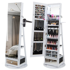 Lockable 360° Swivel Jewelry Cabinet with Full-Length Mirror LED Lights