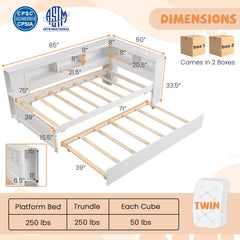 Twin Size Daybed Platform Bed Frame with Trundle and Bedside Shelves