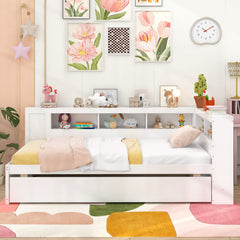 Twin Size Daybed Platform Bed Frame with Trundle and Bedside Shelves