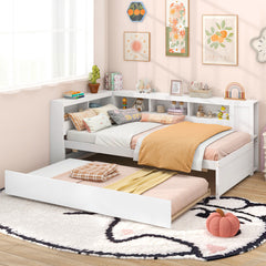 Twin Size Daybed Platform Bed Frame with Trundle and Bedside Shelves