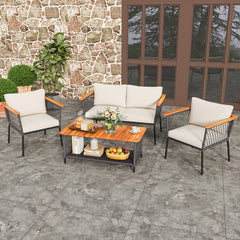 4 Piece Patio Rattan Furniture Set with 2-Tier Coffee Table