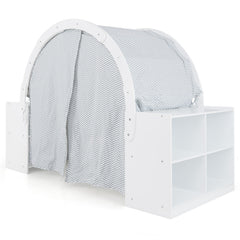 Wooden Kids Play Tent with Curtain Shades and 8 Cubbies