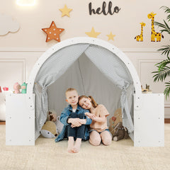 Wooden Kids Play Tent with Curtain Shades and 8 Cubbies