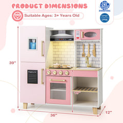 Wooden Pretend Play Kitchen with Ice Maker Range Hood and Blackboard