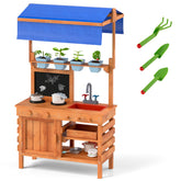 Wooden Pretend Play Kitchen with Height Adjustable Canopy for Kids