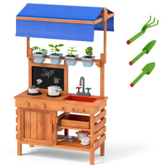 Wooden Pretend Play Kitchen with Height Adjustable Canopy for Kids