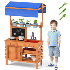 Wooden Pretend Play Kitchen with Height Adjustable Canopy for Kids